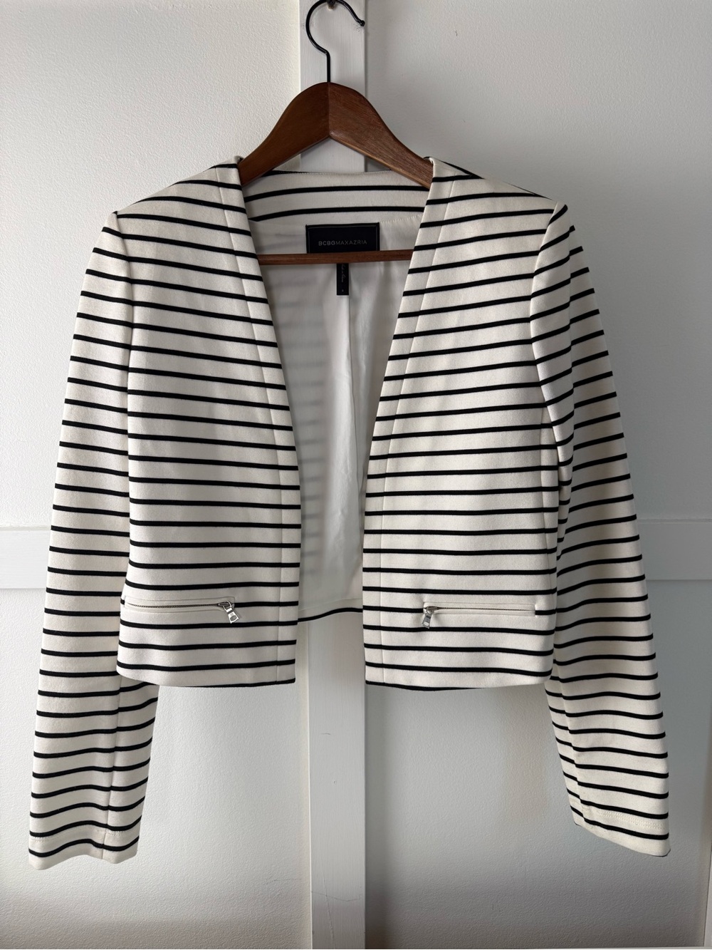 BCBGMAXAZRIA Black White Striped Knit Blazer Jacket S